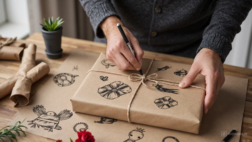 Man pakt cadeau in met bruin papier, illustraties.