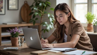 Jonge vrouw bewerkt een tekst op een laptop en voegt persoonlijke details toe.