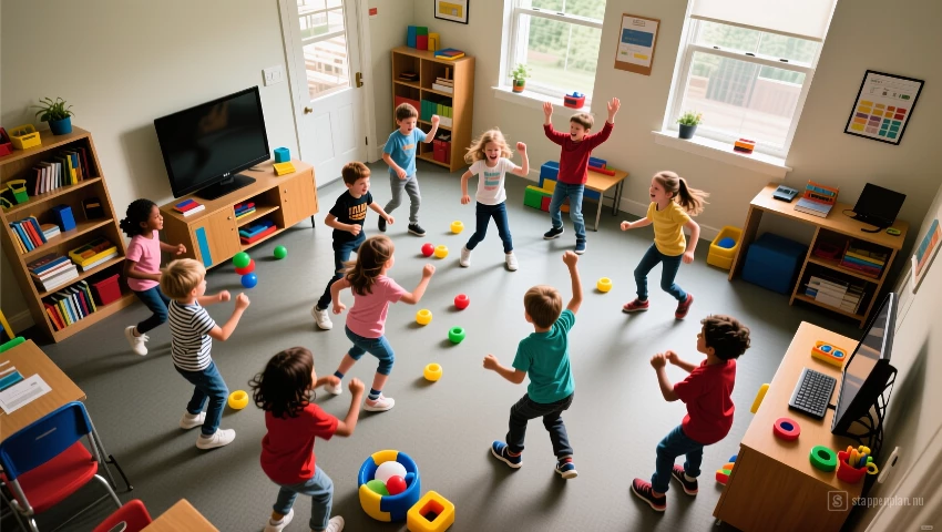 Luchtfoto van kinderen die verschillende spelletjes spelen.