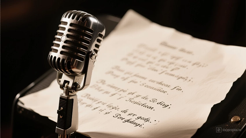 Vintage microfoon met gedicht op papier.