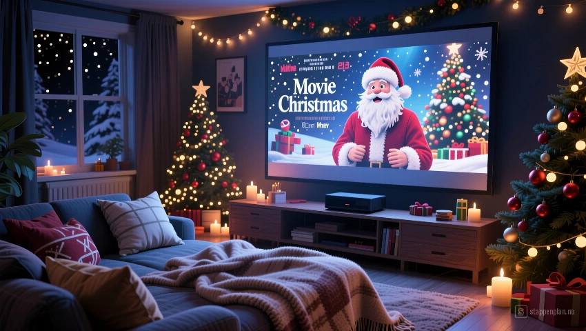 Digitale illustratie van een gezellige filmavond setup met kerstfilm.
