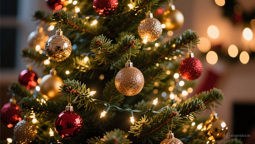 Close-up van kerstboom versierd met lichten en ornamenten.