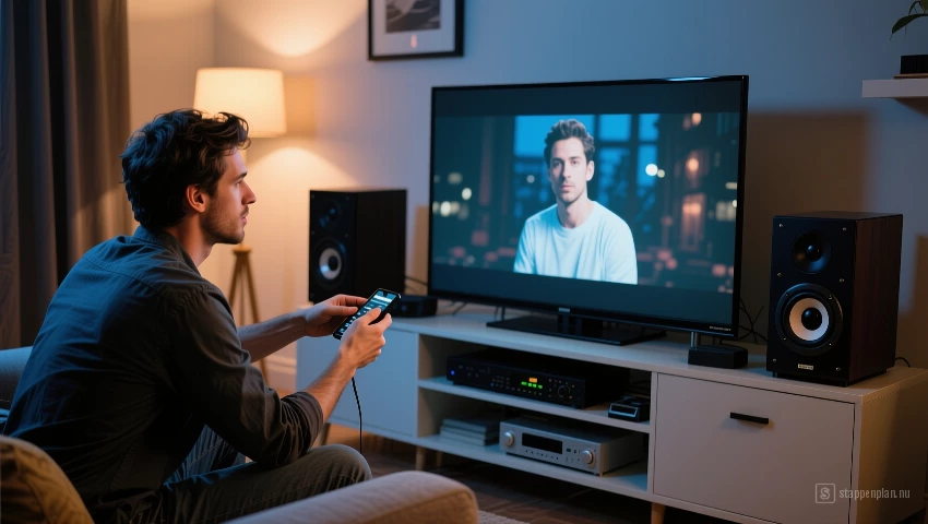 Persoon test tv en geluidssysteem voor filmavond.