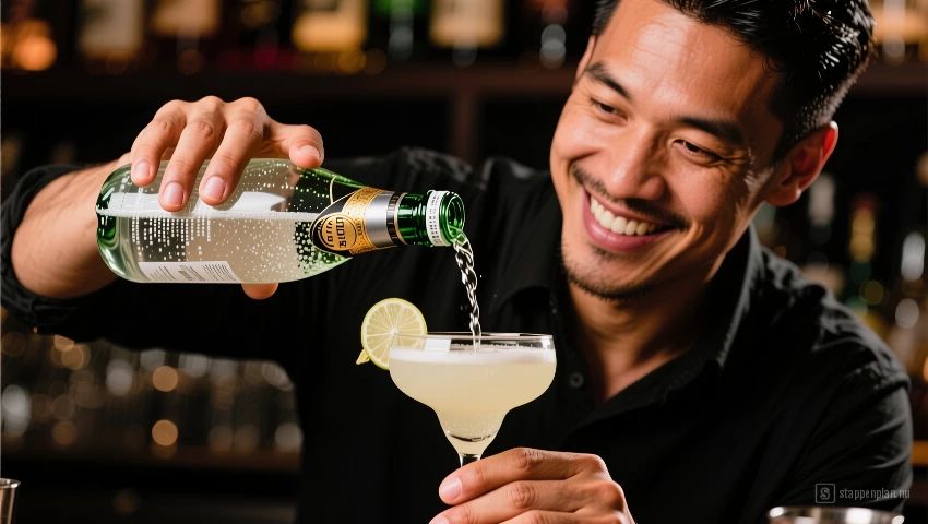 Man giet bruiswater in een cocktail glas.