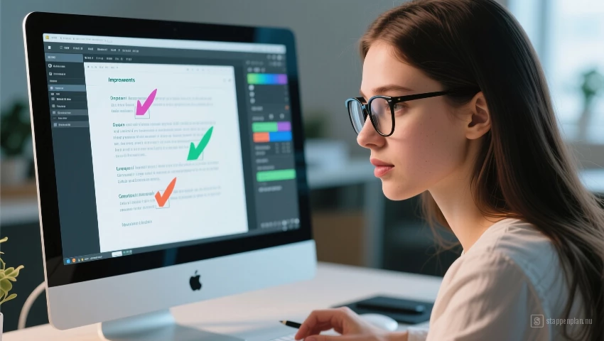 Vrouw bewerkt tekst op computer.