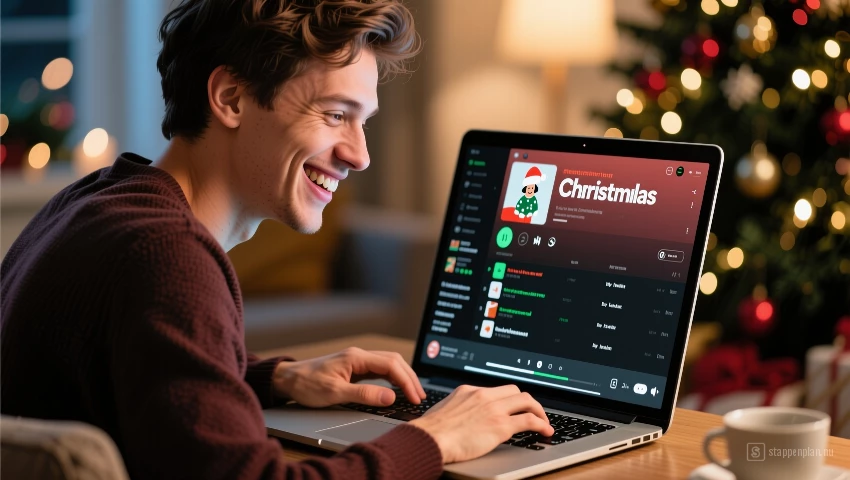 Persoon maakt playlist met favoriete kerstliedjes.