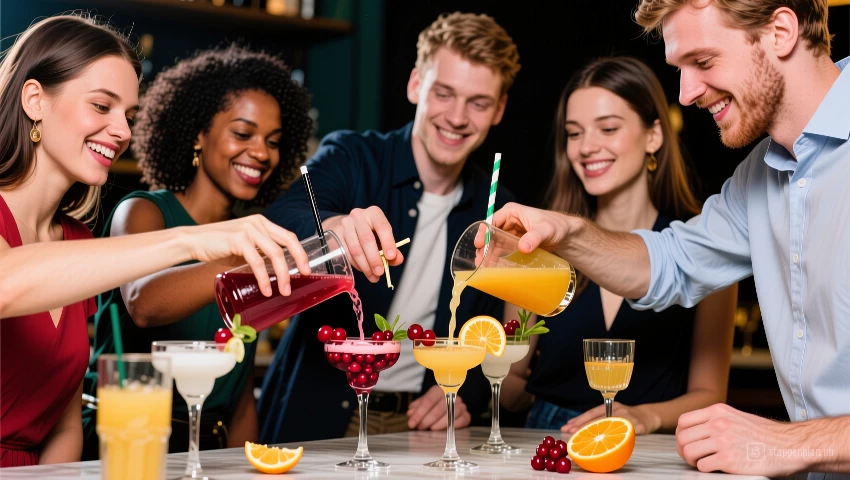 Vrienden mengen cocktails met cranberry en sinaasappel sap.