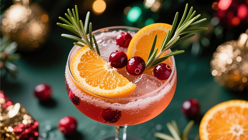 Feestelijke cocktail met sinaasappel, cranberry en rozemarijn.