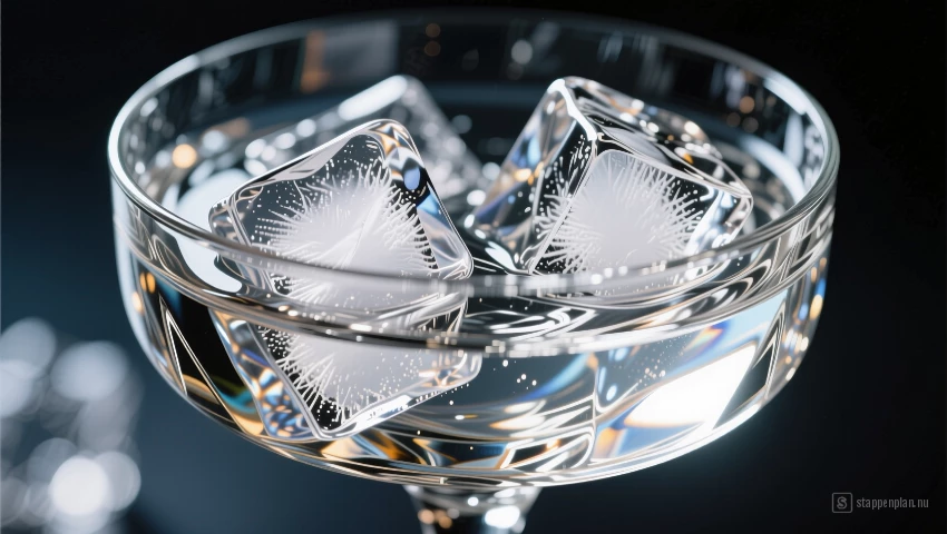 Kristallen glas gevuld met ijsblokjes.