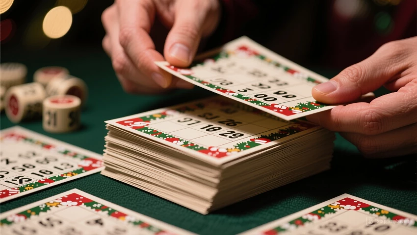 Detailopname van kerstbingokaarten die geschud worden.