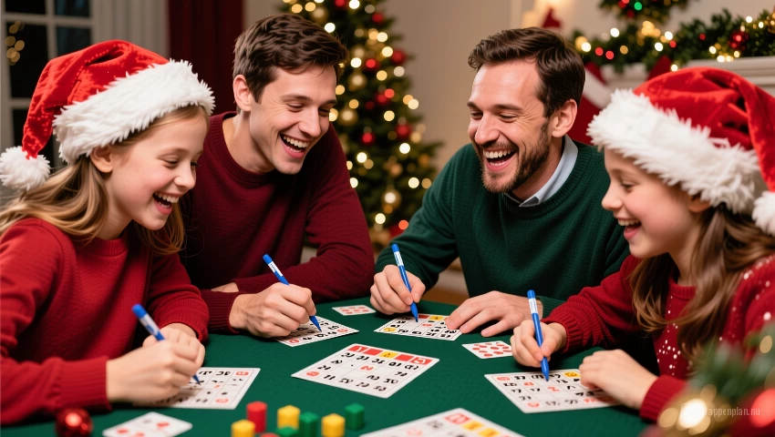 Familie speelt enthousiast kerstbingo.