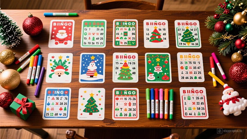 Verschillende kerstbingokaarten op een tafel.
