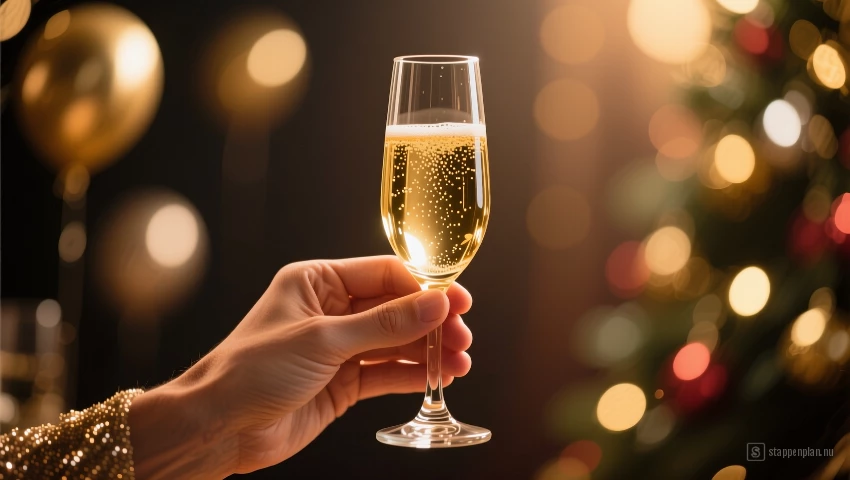 Hand houdt een glas champagne vast.