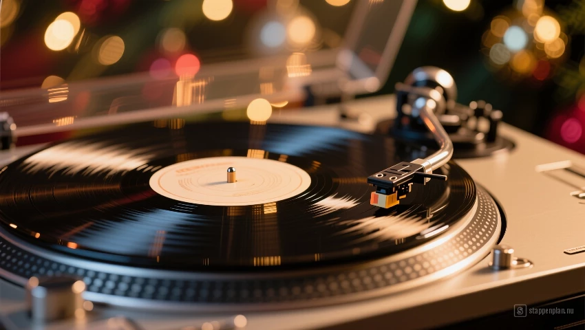 Close-up shot van een vinylplaat die draait.