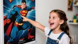 Meisje wijst enthousiast naar een superhelden poster.