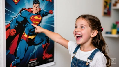 Meisje wijst enthousiast naar een superhelden poster.