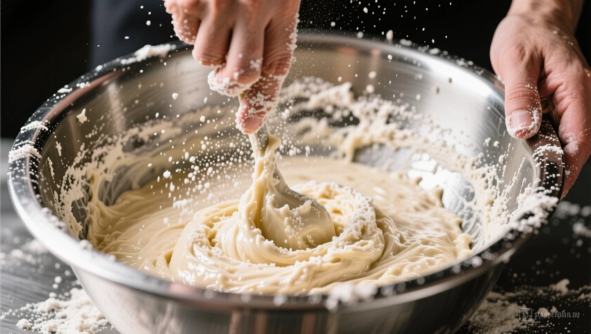 Handen mengen beslag in een kom