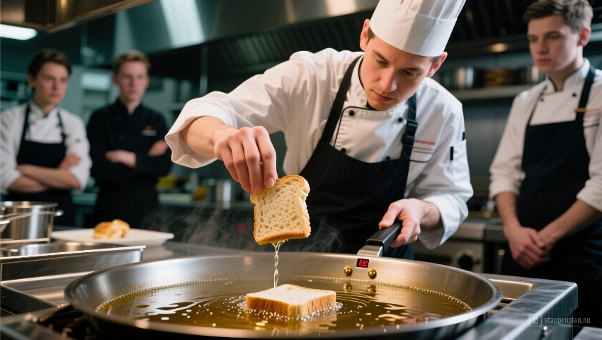 Chef test temperatuur van olie met brood