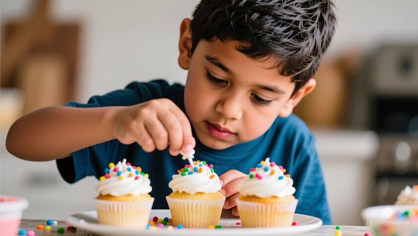 Jonge jong versiert cupcakes met glazuur.