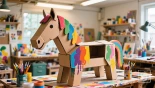 Kartonnen paard wordt geverfd in vrolijke kleuren.