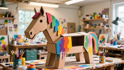 Kartonnen paard wordt geverfd in vrolijke kleuren.