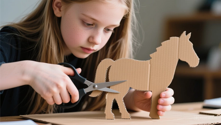 Jonge vrouw knipt paard nauwkeurig uit.