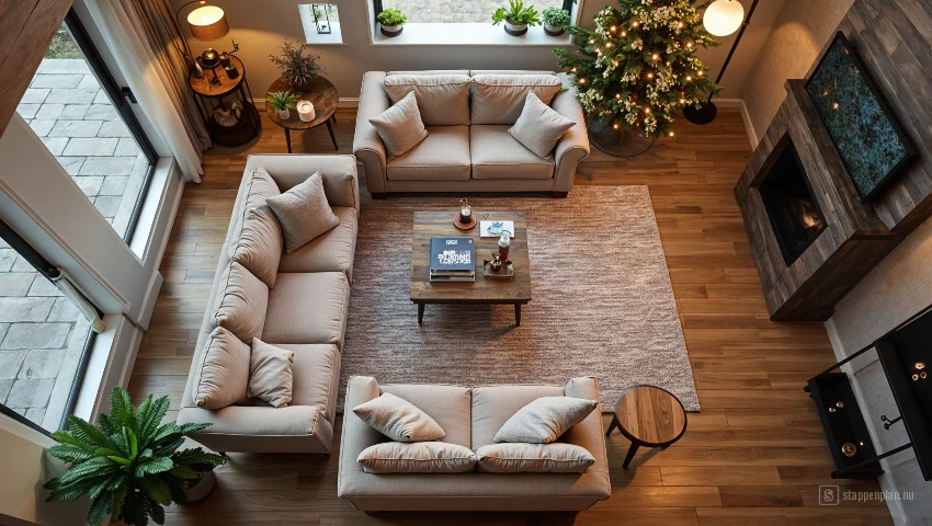 Luchtfoto van woonkamer met comfortabele zitplekken.