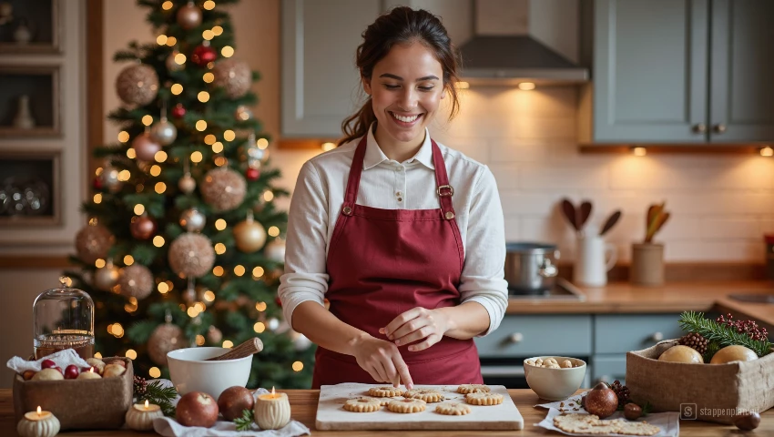 Persoon bakt kerstkoekjes in gezellige keuken.