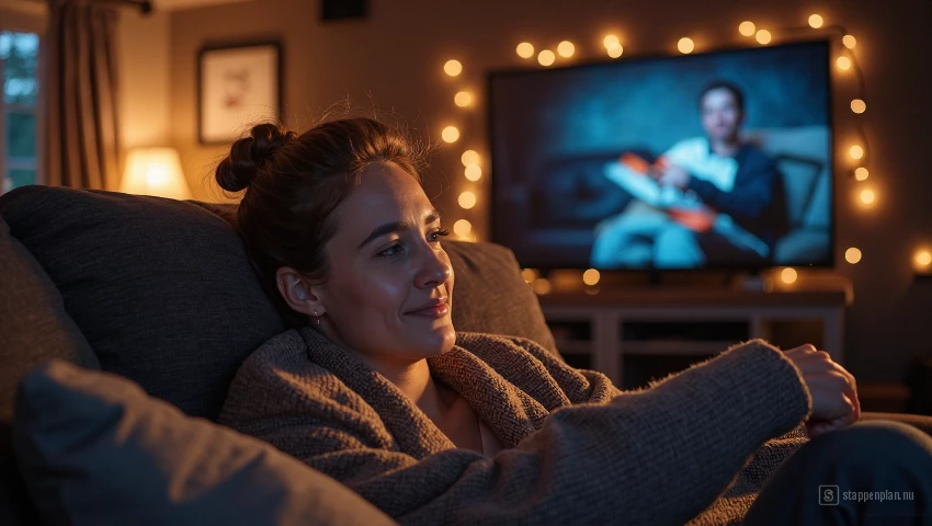 Persoon ontspant op bank, geniet van filmavond en voelt zich prettig.