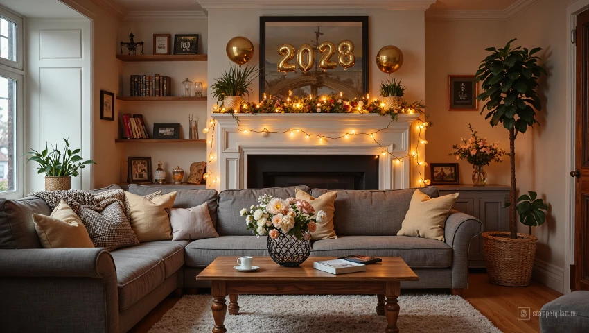 Gezellige woonkamer versierd met nieuwjaarsversieringen.
