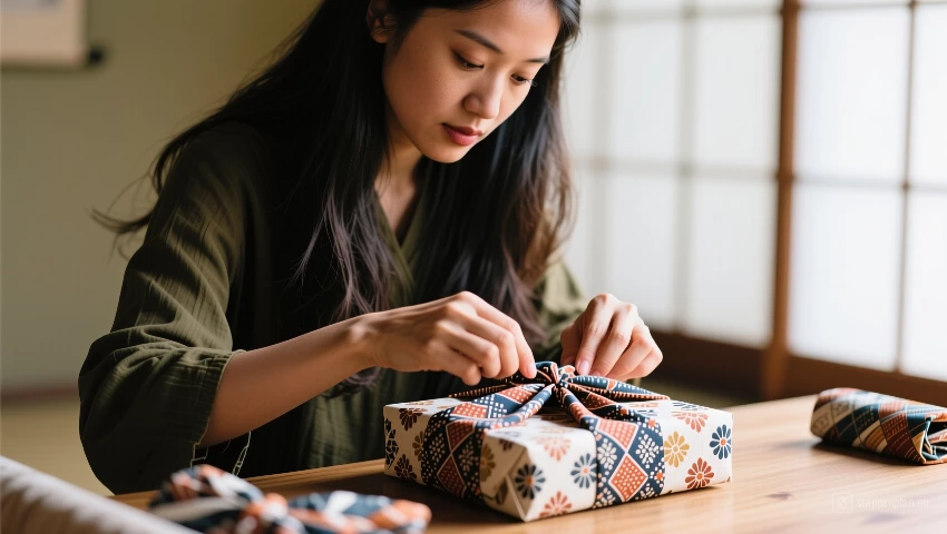 Vrouw verpakt cadeau met furoshiki techniek.