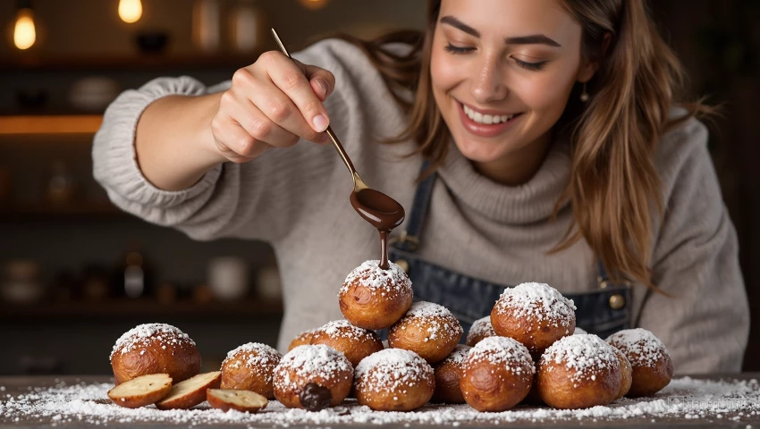 Vrouw drizzle chocolade over oliebollen