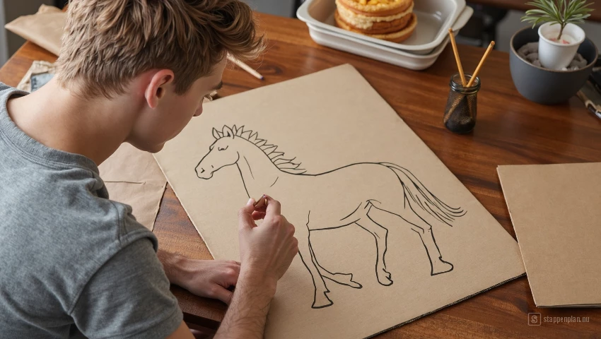 Jonge man tekent nauwkeurig een paard.
