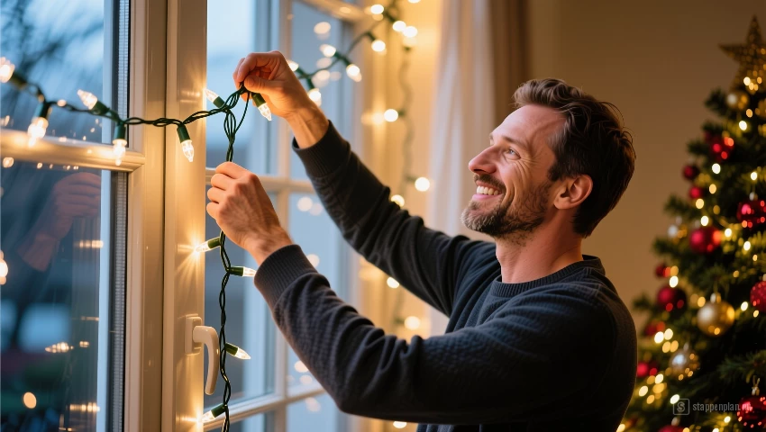 Westerse man die kerstlampjes ophangt.