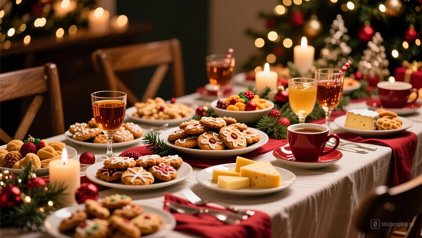 Feestelijke tafel met kersthapjes en drankjes.