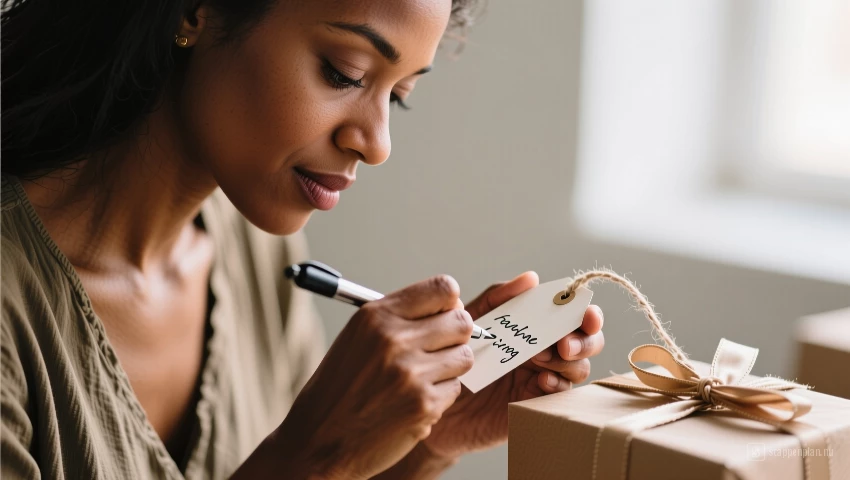 Vrouw schrijft boodschap op cadeau label.