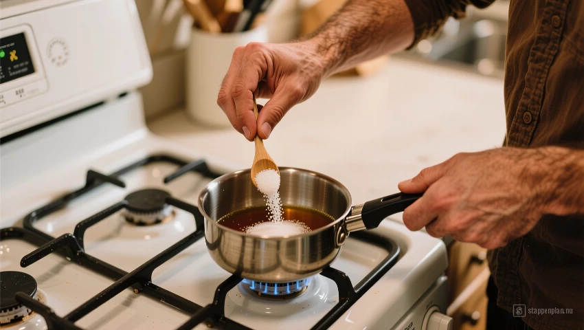 Man roert suiker in een pan voor siroop.
