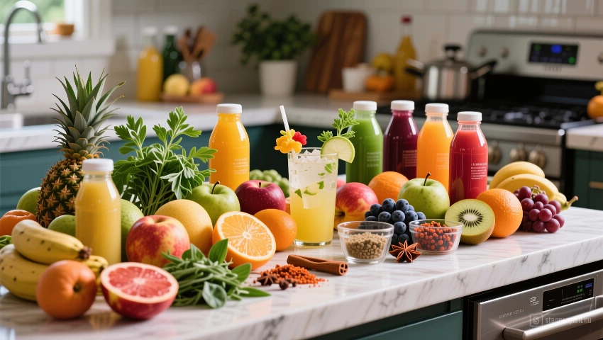 Kleurenrijk assortiment van ingrediënten voor mocktail creatie.