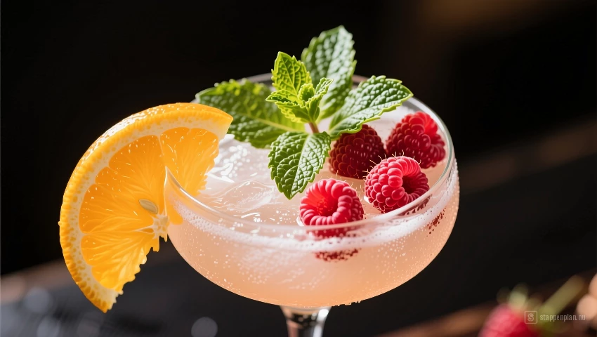 Prachtig gegarneerde mocktail met sinaasappel, munt en frambozen.