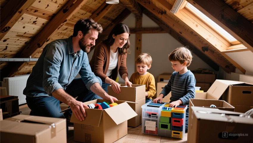 Familie sorteert spullen samen op zolder.