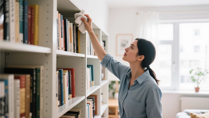 Vrouw maakt bovenkant van boekenkast stofvrij.