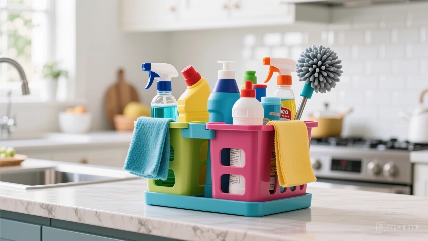 Kleurrijke schoonmaakkoffer met schoonmaakspullen in schone keuken.