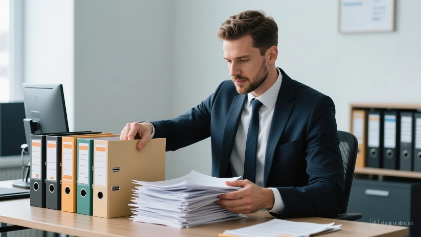 Man sorteert papieren en stopt ze in mappen.