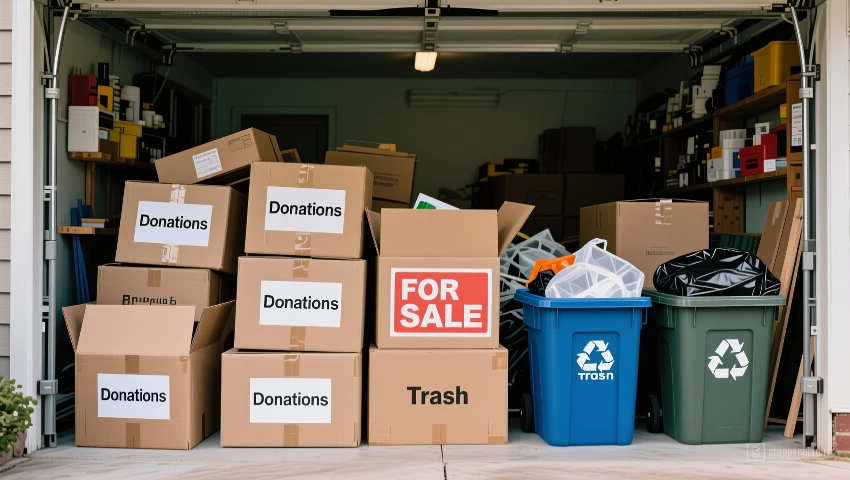 Gestapelde dozen met donaties, te koop en afval.