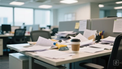 Rommelig bureau met papieren en een koffiebeker voor het opruimen.