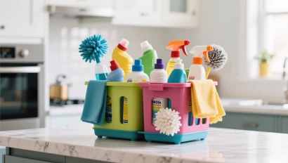 Kleurrijke schoonmaakkoffer met schoonmaakspullen in schone keuken.