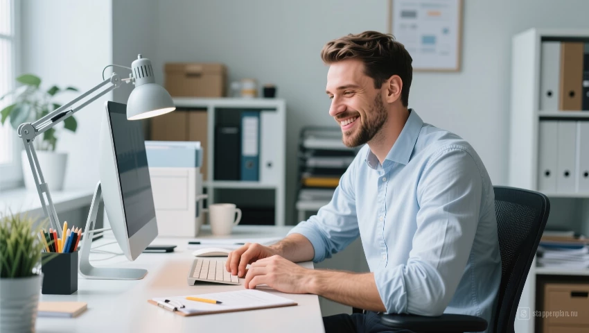 Man bewondert schoon en georganiseerd bureau.