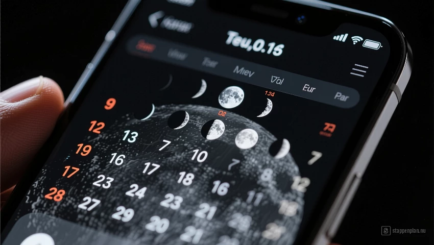 Macro foto van smartphone scherm met maankalender app.