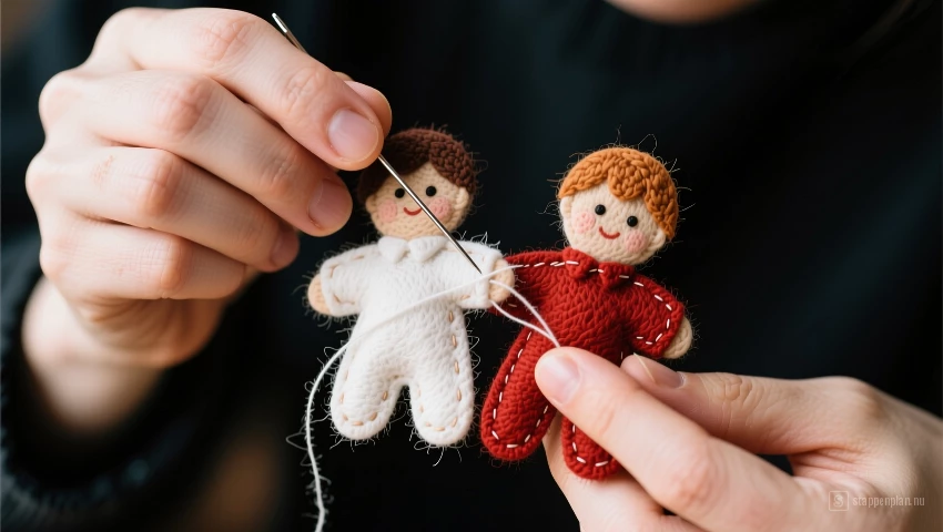 Persoon naait twee viltfiguren aan elkaar.
