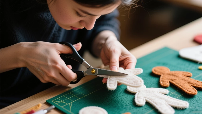 Persoon knipt viltfiguren uit met een schaar.